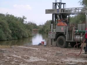 The bank of the Alamo river will likely be affected by strong earthquakes as well as natural erosion. The SAA, being installed in the picture will monitor its lateral spreading.